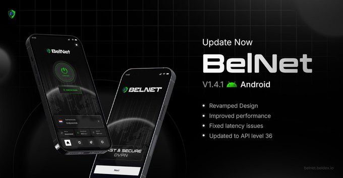A promotional graphic advertises "BelNet" VPN v1.4.1 for Android, highlighting features like "Revamped Design," "Improved performance," and "Fixed latency issues."