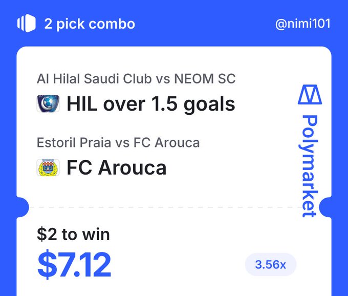 A Polymarket betting slip from @nimi101 showing a 2-pick combo for HIL over 1.5 goals (Al Hilal Saudi Club vs NEOM SC) and FC Arouca (Estoril Praia vs FC Arouca) with $2 to win $7.12 at 3.56x odds.