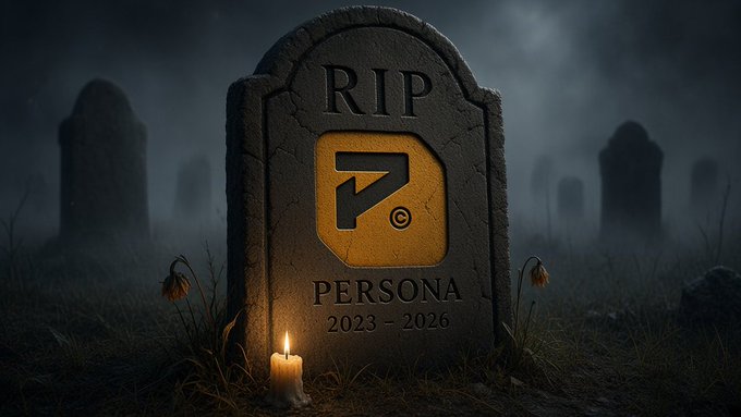 A weathered tombstone in a foggy graveyard reads "RIP PERSONA 2023-2026" with a faded avatar logo and a single candle, symbolizing the death of the NFT project referenced in the post about its liquidation.