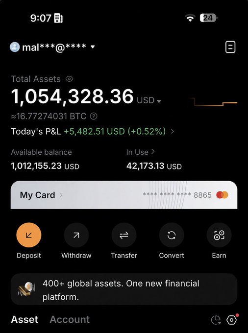 The image shows a cryptocurrency exchange account dashboard displaying total assets of $1,054,328.36 USD (approximately 16.77 BTC), with a today's P&L of +$5,482.51 USD (+0.52%). The post appears to be a recruitment or engagement bait, likely targeting people who need money by showcasing a profitable crypto trading portfolio.
