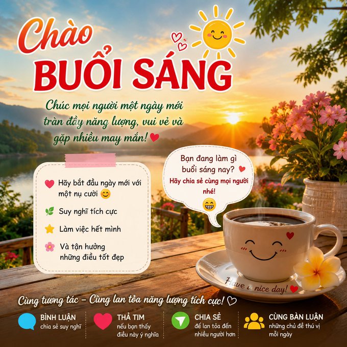 A Vietnamese 'Good Morning' greeting card titled 'Chào BUỔI SÁNG' featuring a smiling sun, pink flowers, and a coffee cup with a happy face, along with motivational text and interactive prompts at the bottom.