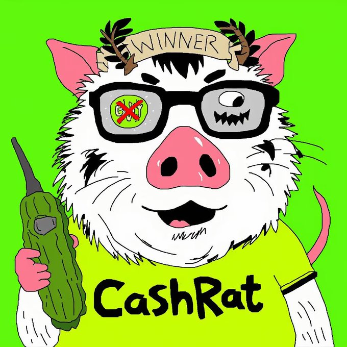 A cartoon pig mascot wearing a 'WINNER' laurel crown, glasses with one lens showing a crossed-out 'GIGL' and the other a monster eye, holding a green walkie-talkie, with 'CashRat' on its shirt against a green background.