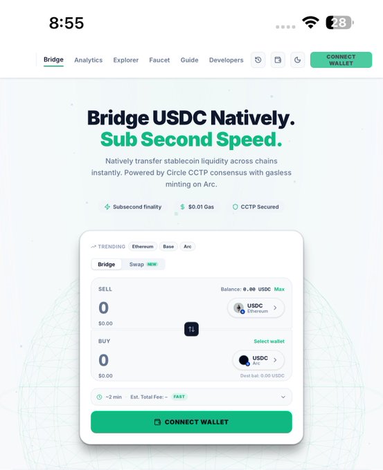 Mobile screenshot of a cryptocurrency app interface advertising 'Bridge USDC Natively. Sub Second Speed.' with features like subsecond finality, $0.01 gas, and a bridging interface for Ethereum, Base, and Arc.