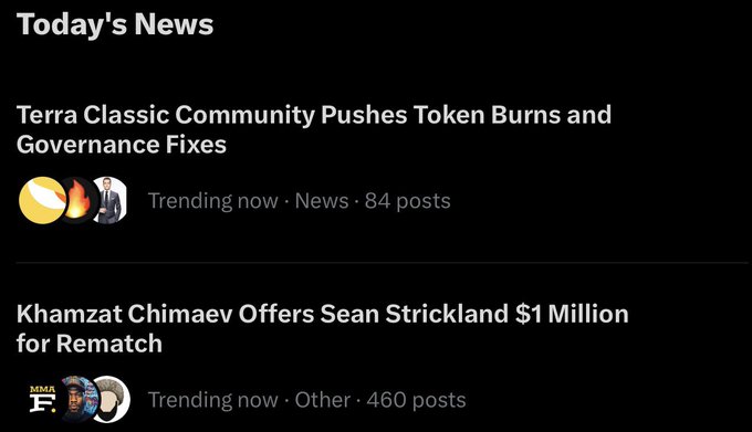 A 'Today's News' section featuring two headlines: 'Terra Classic Community Pushes Token Burns and Governance Fixes' and 'Khamzat Chimaev Offers Sean Strickland $1 Million for Rematch'.