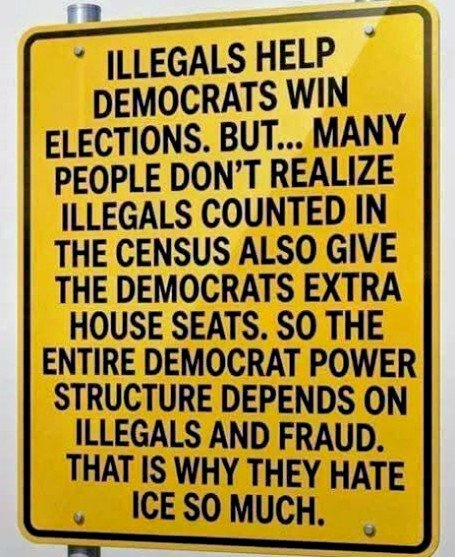 A yellow sign with black text stating 'ILLEGALS HELP DEMOCRATS WIN ELECTIONS. BUT... MANY PEOPLE DON'T REALIZE ILLEGALS COUNTED IN THE CENSUS ALSO GIVE THE DEMOCRATS EXTRA HOUSE SEATS. SO THE ENTIRE DEMOCRAT POWER STRUCTURE DEPENDS ON ILLEGALS AND FRAUD. THAT IS WHY THEY HATE ICE SO MUCH.'