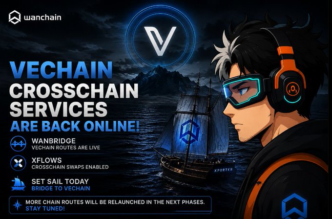 An announcement graphic for 'Wanchain' titled 'VECHAIN CROSSCHAIN SERVICES ARE BACK ONLINE!', featuring an anime-style character with neon headphones and highlighting active services like WANBRIDGE and XFLOWS.