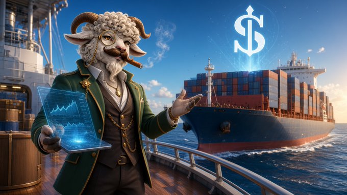 An anthropomorphic sheep character in Victorian attire holds a holographic chart and cigar on a ship's deck, with a large cargo ship and a glowing dollar sign hologram in the background.