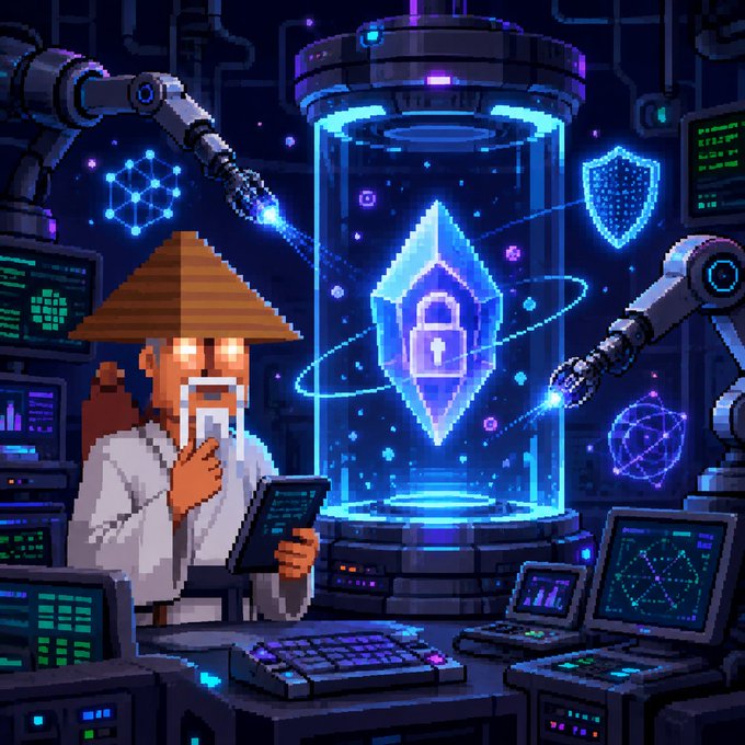 A pixel art scene showing a wise-looking figure in a conical hat examining a tablet, surrounded by robotic arms and monitors displaying data, with a glowing blue Ethereum logo locked inside a futuristic containment chamber.