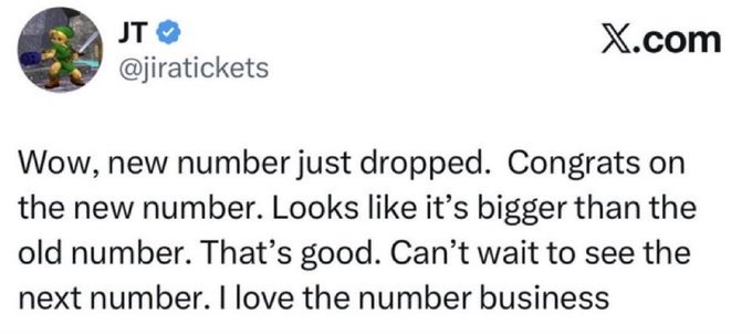 A verified X.com post by user @jiratickets reads: "Wow, new number just dropped. Congrats on the new number. Looks like it's bigger than the old number. That's good. Can't wait to see the next number. I love the number business," humorously celebrating the factoring of RSA-260 using the displayed massive integer.