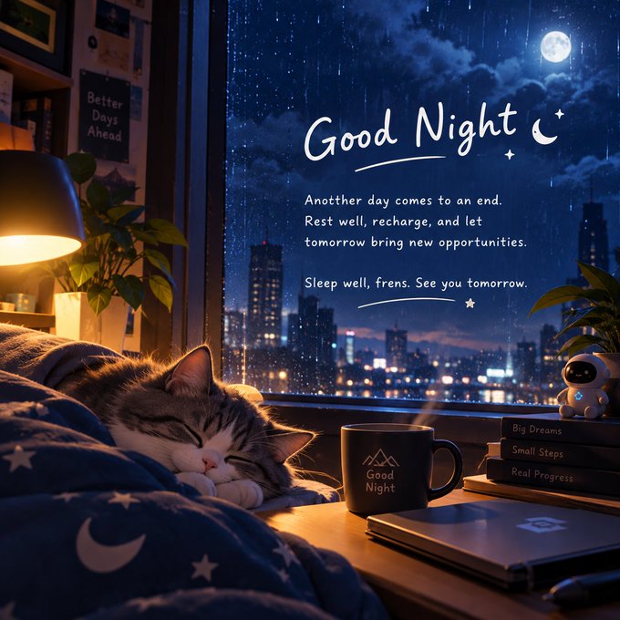 An illustrated 'Good Night' greeting card features a sleeping cat by a window overlooking a rainy night cityscape, with a coffee mug labeled 'Good Night' and the text 'Another day comes to an end. Rest well, recharge, and let tomorrow bring new opportunities. Sleep well, frens. See you tomorrow.'