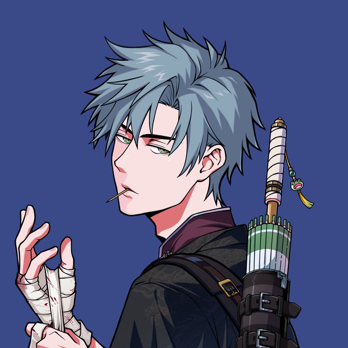 An anime-style illustration of a character with light blue hair and green eyes holding a toothpick, with a bandaged hand and a sword strapped to their back, against a solid blue background.