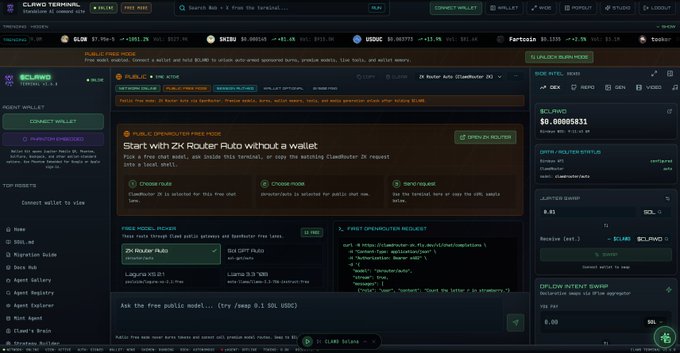 A screenshot of the CLAWD TERMINAL website, a free API for AI agent crypto trading on Solana, showing features like public openrouter free mode and 2K router auto.