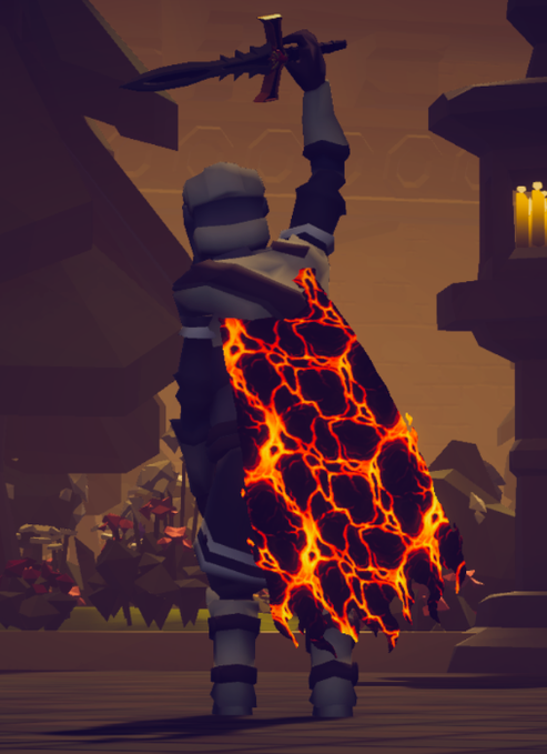 A low-poly 3D rendered character seen from behind wears a flowing black cape textured with glowing red-orange lava cracks, raising a jagged sword overhead in a dimly lit stone hall.