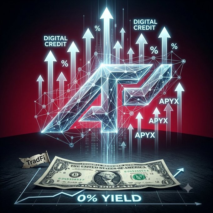 A digital graphic showing glowing upward arrows, a US dollar bill, and text including "DIGITAL CREDIT", "APYX", "TradFi", and "0% YIELD" against a red background.