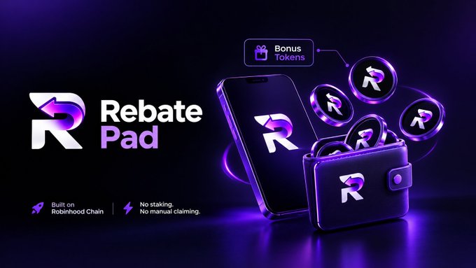 A promotional graphic for 'Rebate Pad', showing a smartphone and wallet surrounded by purple coins, with text noting it is 'Built on Robinhood Chain' and has 'No staking. No manual claiming.'
