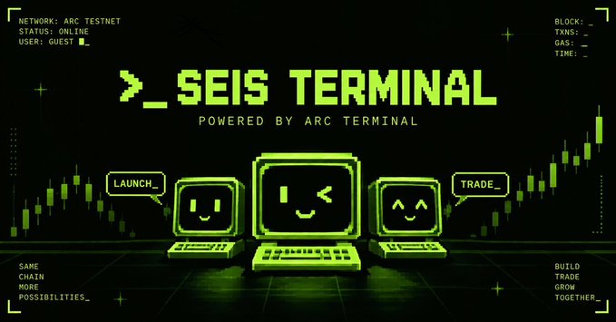 A retro-styled green pixel art graphic featuring three smiling computer monitors with speech bubbles saying 'LAUNCH_' and 'TRADE_', under the header '_SEIS TERMINAL POWERED BY ARC TERMINAL' with candlestick chart elements.