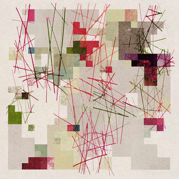 An abstract artwork featuring a chaotic arrangement of red and green linear strokes intersecting over muted, pixelated blocks of color on a beige background.