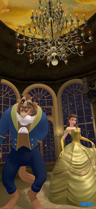 A digital rendering shows the Beast and Belle from Beauty and the Castle dancing in a grand ballroom with a large ornate chandelier and arched windows showing a starry night sky, with a 'veve' logo in the corner.