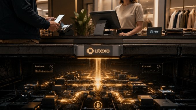A split scene showing a retail checkout counter with 'Paid' displayed on screen, transitioning below to a glowing circuit board labeled 'utexo' with Bitcoin imagery and 'Exported' status.