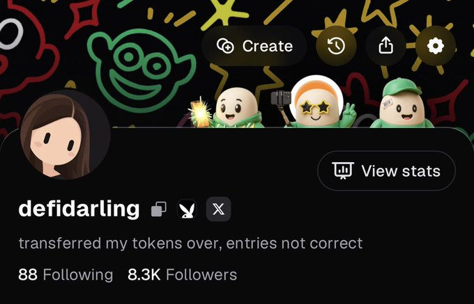 A Roblox profile screenshot shows user 'defidarling' with the bio 'transferred my tokens over, entries not correct' and 88 following/8.3K followers.