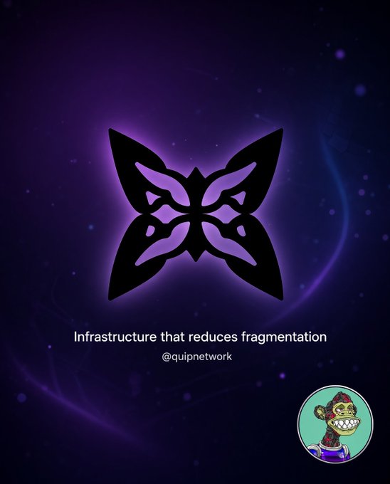 A dark purple graphic featuring a stylized butterfly logo with the text "Infrastructure that reduces fragmentation" and "@quipnetwork," accompanied by a small cartoon monkey avatar in the corner.

The image ties to the post by visually representing Quip Network's branding while the caption explains the mechanics of v0 wallets and QuipSwap listings—emphasizing that listings are merely intents that only become escrowed trades when both sides commit and claim, highlighting why users with older accounts need to upgrade for the process to work as intended.