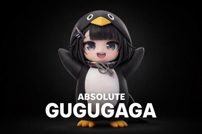 A chibi-style figurine of a girl dressed in a penguin costume with a chain around her neck is labeled 'ABSOLUTE GUGUGAGA'.