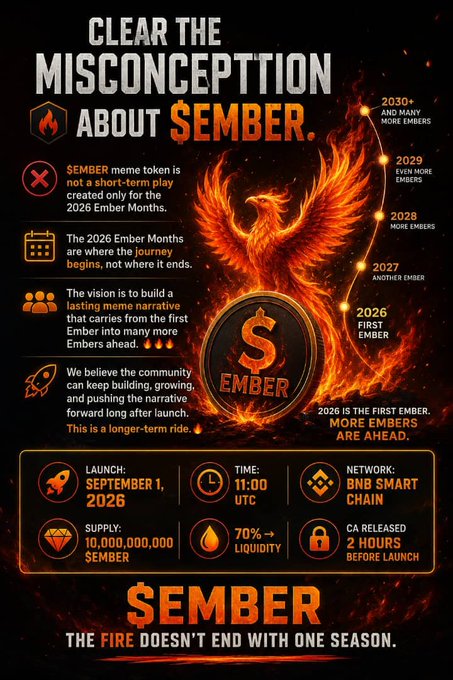 A promotional infographic for the '$EMBER' cryptocurrency token featuring a flaming phoenix, with text explaining it's not a short-term play, launching September 1, 2026 on BNB Smart Chain with a 10,000,000,000 supply.
