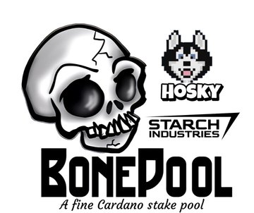 The image features a logo for a company named Bonepool, which is an advertisement for a fine Cardano stake pool. The logo includes two black and white illustrations of a skull and a dog, both with their eyes closed as if they are sleeping or resting. The text on the logo reads "BONEPOOL" in bold letters, while below it, there's another line that says "A fine Cardano stake pool". This implies that Bonepool is offering a unique and enjoyable experience for those who enjoy playing card games at a high stakes.