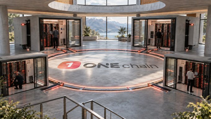 A futuristic data center or server facility with a central circular platform displaying 'ONEchain' and the number '1', surrounded by server racks with people working inside.