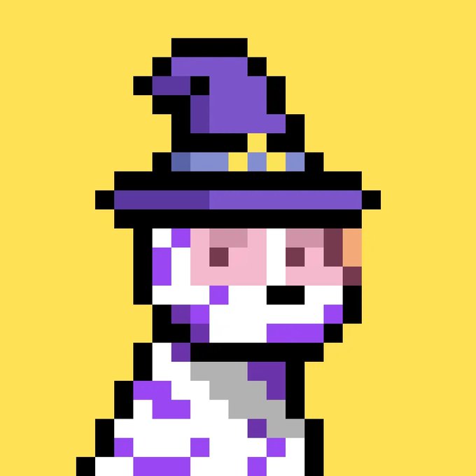 A pixel art sprite of a character with a purple wizard hat and purple-and-white robe against a solid yellow background.