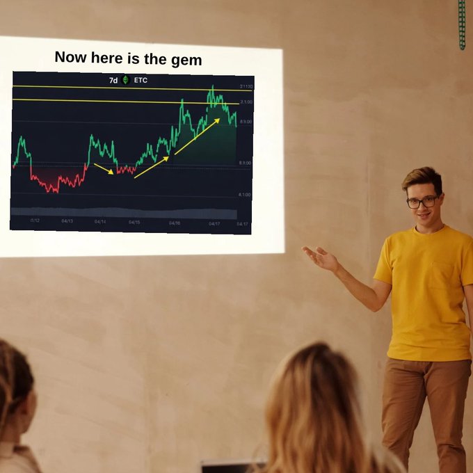 A man in a yellow shirt and glasses stands in front of a projection screen presenting a cryptocurrency price chart titled 'Now here is the gem', showing ETC at the 7-day timeframe with an upward trend arrow.
