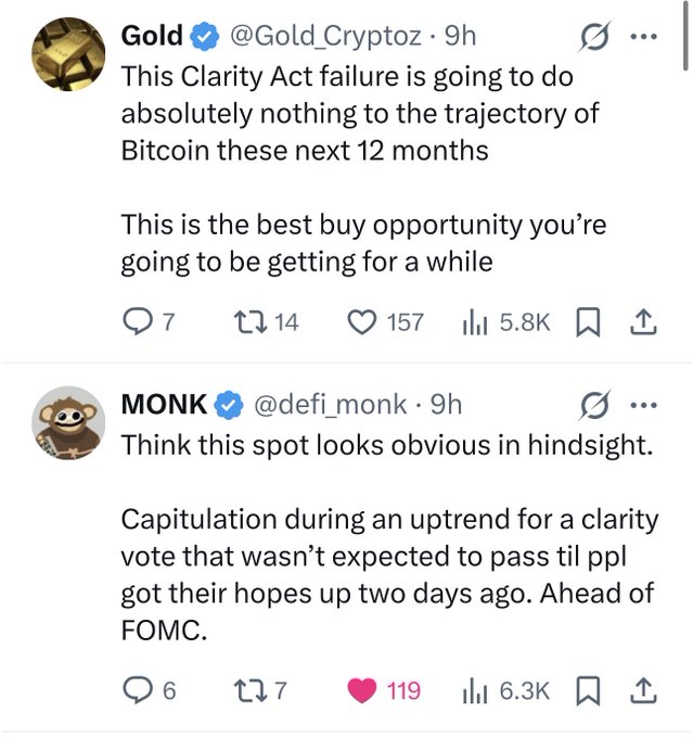 A screenshot of social media posts from users 'Gold @Gold_Cryptoz' and 'MONK @defi_monk' discussing Bitcoin market trajectories and buying opportunities following a Clarity Act failure.