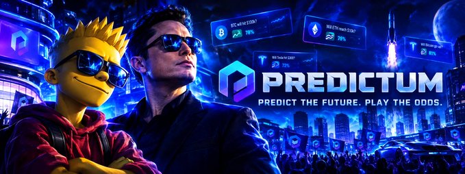 A vibrant blue futuristic banner for 'PREDICTUM' featuring a man in sunglasses next to a 3D animated character, with the tagline 'PREDICT THE FUTURE. PLAY THE ODDS.'