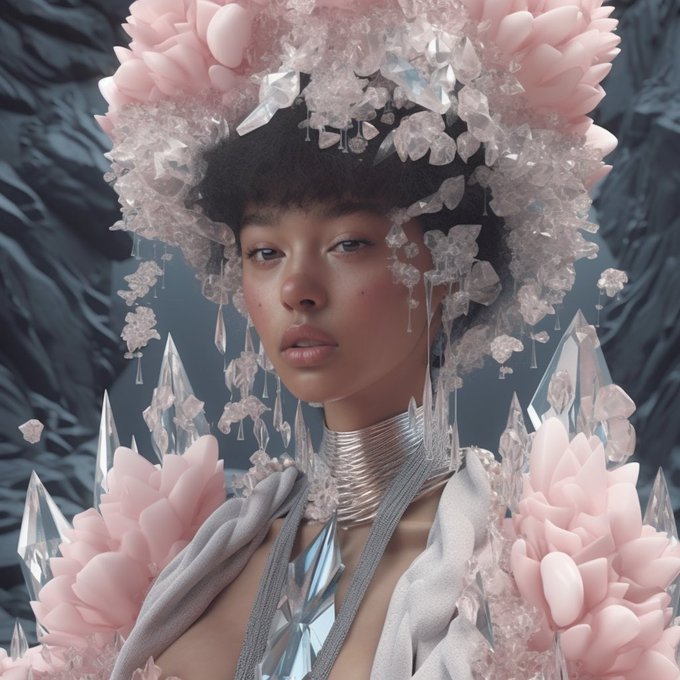 A digital artwork or AI-generated portrait of a woman with an elaborate headdress and outfit made of pink petals and crystalline structures.