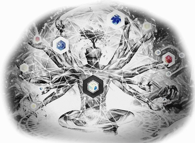 An artistic sketch of a figure overlaid with a geometric network of connected nodes containing various icons and symbols.