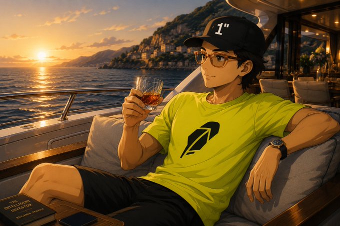An anime-style illustration shows a young man in a yellow "1" t-shirt and matching "1" cap, relaxing on a yacht at sunset while holding a glass of whiskey, with a book titled "THE INTELLIGENT INVESTOR" and a smartphone resting on a side table. The image ties to the post by visualizing the "1inch x Robinhood Chain" launch, with the character's branded "1" apparel symbolizing the seamless cross-chain swapping experience described.