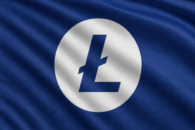 A flag featuring a stylized blue 'L' inside a white circle on a navy blue background, commonly associated with the Litecoin cryptocurrency symbol.