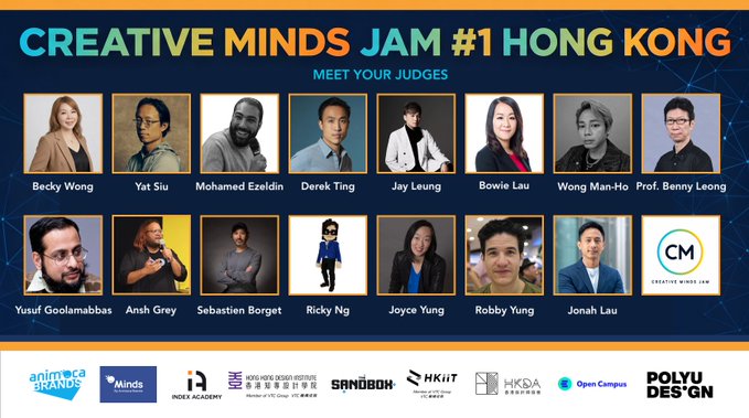 Promotional graphic for 'Creative Minds Jam #1 Hong Kong' introducing the judges, featuring headshots of Becky Wong, Yat Siu, Mohamed Ezeldin, Derek Ting, Jay Leung, Bowie Lau, Wong Man-Ho, Prof. Benny Leong, Yusuf Goolamabbas, Ansh Grey, Sebastian Borget, Ricky Ng, Joyce Yung, Robby Yung, and Jonah Lau, with sponsor logos at the bottom including Animoca Brands, Index Academy, PolyU Design, and HKDI.