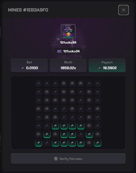 A "MINES #1EB3A9F0" game screen from Solpump.io showing a successful play where user "t2fucku34" achieved a 1959.02x multiplier on a 0.0100 bet, winning 19.5902 SOL (about 19 SOL) by revealing 8 safe tiles on a 5x5 grid while avoiding mines.