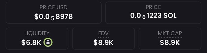 The image displays cryptocurrency token metrics showing a price of $0.058978 USD (0.061223 SOL), liquidity of $6.8K, FDV of $8.9K, and market cap of $8.9K, suggesting this is an early-stage or micro-cap token similar to those called out in the post as high-multiple opportunities.