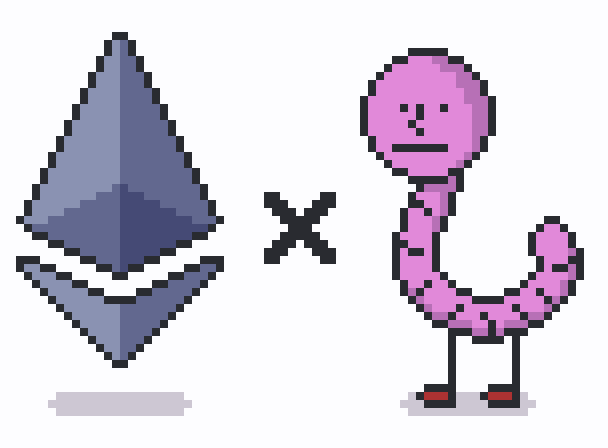 Pixel art illustration showing a metallic gray teardrop-shaped character on the left and a pink stylized dog-like character on the right, separated by a multiplication 'x' sign.