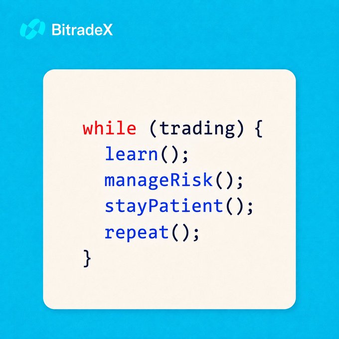 This image features code from BitradeX that outlines the core principles of successful trading: learn, manage risk, and stay patient. This reinforces the post's message that good trading requires a pre-defined plan rather than reactive decisions.