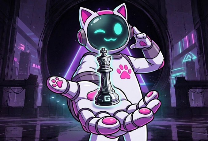 A digital illustration of a cute astronaut character in a white and pink spacesuit with cat ears, winking and holding a chess king piece in a futuristic purple neon city setting.
