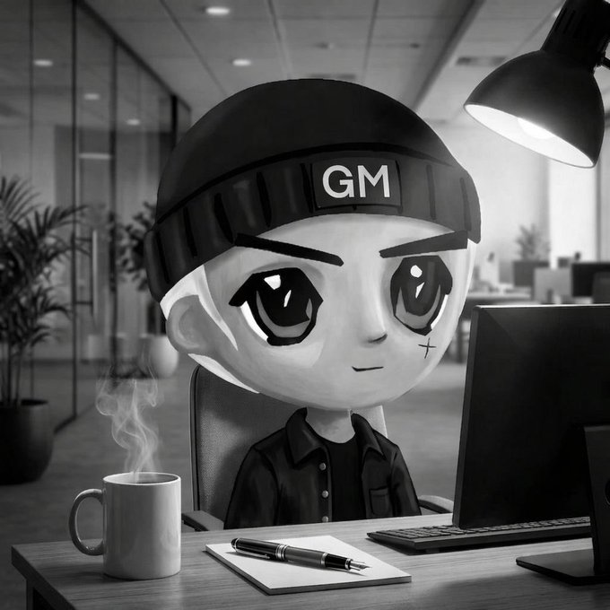 A black-and-white cartoon avatar wearing a beanie with "GM" written on it sits at an office desk with a steaming mug, pen, and monitor. The image ties to the post's "gm" greeting—crypto shorthand for "good morning"—with the prominent "GM" on the hat serving as a visual badge of the phrase used to greet fellow NFT enthusiasts.