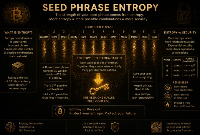 The image is an educational infographic titled "SEED PHRASE ENTROPY" that explains how a 12-word seed phrase (showing example words like "abandon," "zebra," "gospel," etc.) generates ~128 bits of entropy, equating to 2¹²⁸ (~3.4 × 10³⁸) possible combinations, making brute force attacks impossible. Side panels emphasize that more entropy equals exponentially greater security and warn users to never share, write down, or store seed phrases in plain text. The graphic reinforces the post's argument that entropy—not yield, AI, or UX—should be Bitcoiners' top focus, since the entire security of a wallet rests on the randomness of its seed phrase.
