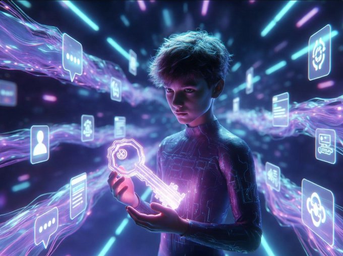 Digital artwork depicting a young person in a futuristic glowing suit holding a neon purple key, surrounded by floating holographic icons representing digital interfaces, profiles, and settings in a cyberpunk-style environment.