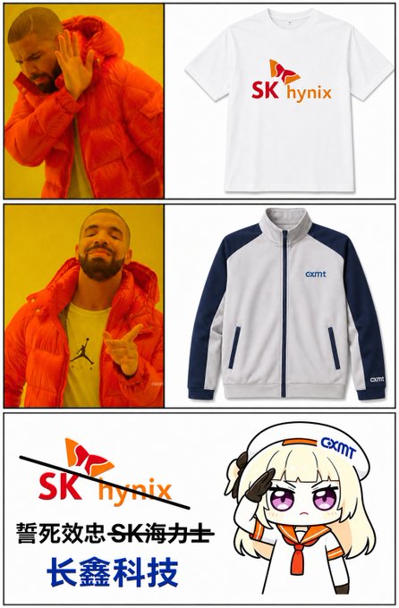 A Drake-style meme rejecting a white 'SK hynix' t-shirt and approving a white and blue 'CXMT' track jacket, followed by a panel showing the SK hynix logo crossed out with Chinese text supporting CXMT (长鑫科技).