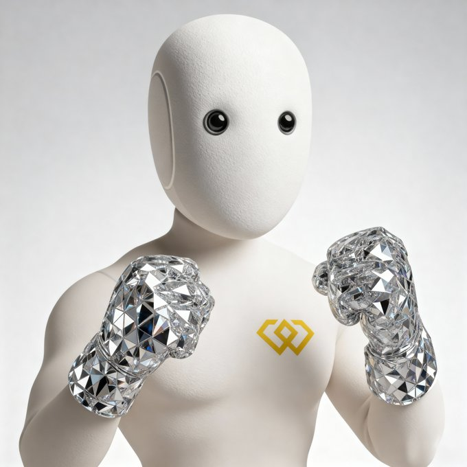 A white humanoid figure wearing ornate silver boxing gloves and a gold diamond-shaped logo on its chest stands in a fighter's pose, ready for battle. The image visually reinforces the "just HODL tight" message by symbolizing strength and readiness to defend crypto holdings.