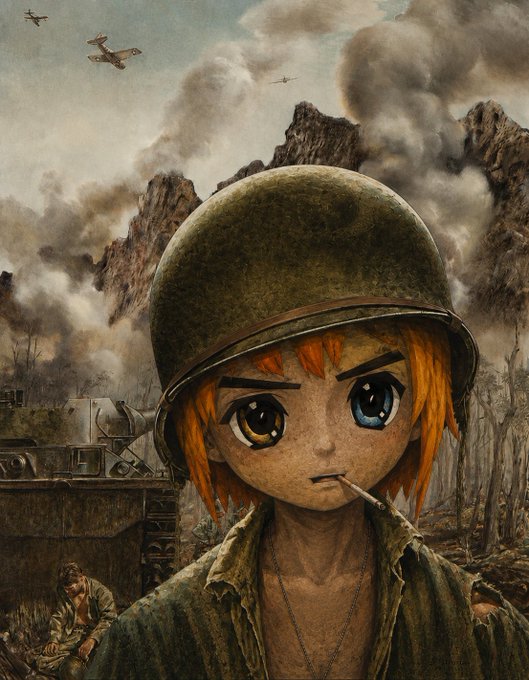 An anime-style illustration of a young soldier with orange hair, heterochromia, and a military helmet smoking a cigarette, set against a battlefield with tanks, planes, and smoke.