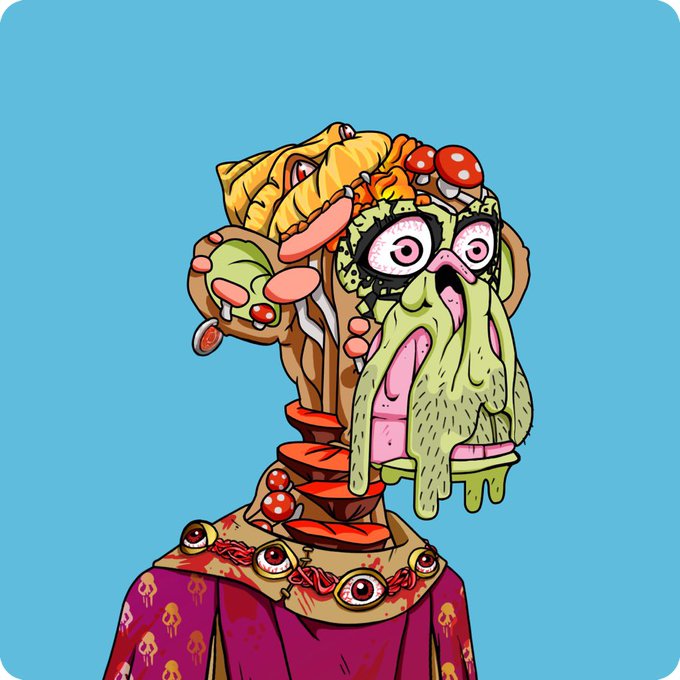 A grotesque cartoon illustration depicts a figure with a sandwich and food items for a head, featuring large bulging eyes and green slime dripping down, set against a blue background.